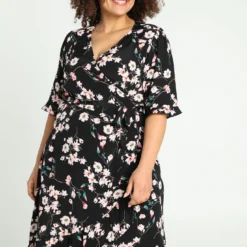 Longue Robe Portefeuille En Viscose à Imprimé Floral Avec Manches Coudes