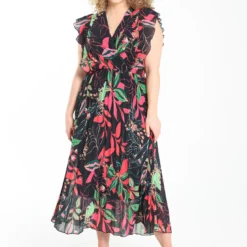 Robe Longue Plissée Imprimé Feuillage